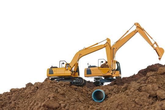 Two Clewer excavator digging a construction site isolated on white background..