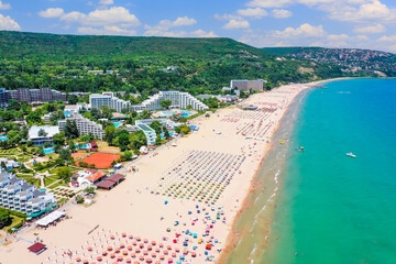 Albena, Bulgaria. Aerial view of Albena beach resort in the summer. - obrazy, fototapety, plakaty
