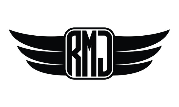 RMJ three Letter Wings Flying Initial wing symbol minimalist creative concept flag icon professional logo design Vector template with abstract black and white tattoo