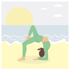 a girl on the beach does morning yoga