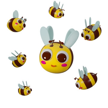 A swarm of cute cartoon bees, yellow and black flying, designed from 3D program.