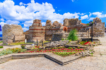 Nessebar (Nesebar), Bulgaria. Fortifications at the entrance of the Ancient City. Black Sea Coast, Burgas. - obrazy, fototapety, plakaty
