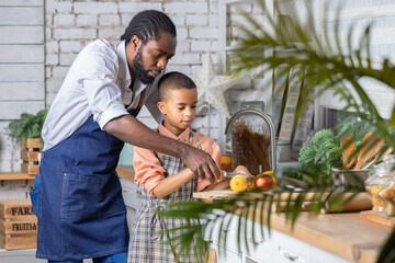 Black father and his son kid cooking fresh vegetables on kitchen at home. African dad and boy child preparing together.