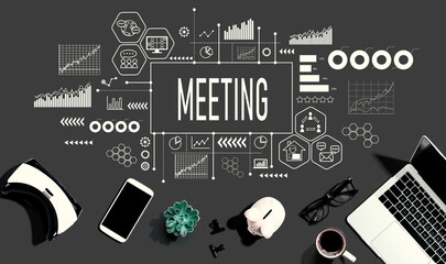 Meeting theme with electronic gadgets and office supplies - flat lay