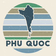 Phu Quoc logo. Sign with the map of island and colored stripes, vector illustration. Can be used as insignia, logotype, label, sticker or badge of the Phu Quoc.