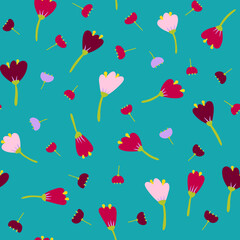 Seamless cartoon abstract flowers pattern. Color floret on azure background. Hand-drawn plants, petals. Stylized peonies, roses, tulips, lilies. Summer romantic floral ornament. Vector illustration