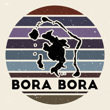 Bora Bora logo. Sign with the map of the island and colored stripes, vector illustration. Can be used as insignia, logotype, label, sticker or badge of Bora Bora.