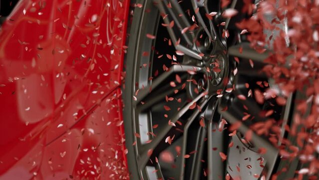 close up of Red sports car burnout in super slow motion - flying red particles instead of smoke
Rear drive sports car burnout and blow lots of red particles in super slow motion camera
time freeze