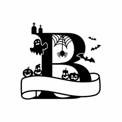 Cute Halloween letter B split monogram. Cartoon ghost, pumpkin, bat for kids t-shirt, nursery decoration, baby shower, greeting card, invitation, scrapbooking, home decor. Vector stock illustration.