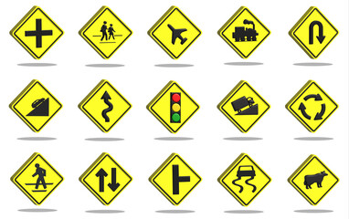 3D Realistic Set of yellow traffic signs isolated from white background.