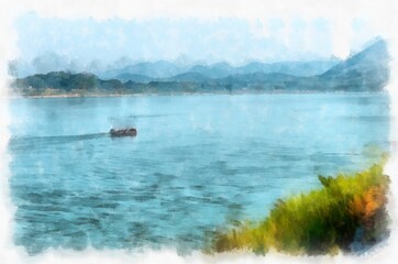 Landscape of boats sailing on the Mekong River in Thailand  watercolor style illustration impressionist painting.