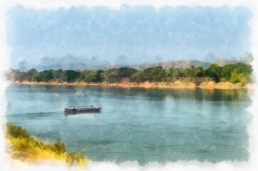 Obraz na płótnie Canvas Mekong river landscape of Thailand watercolor style illustration impressionist painting.