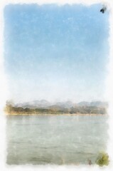 Mekong river landscape of Thailand watercolor style illustration impressionist painting.