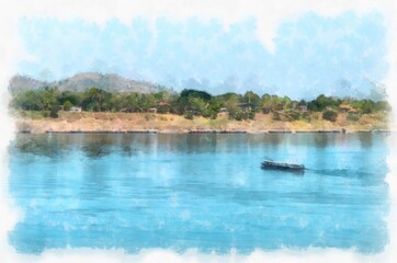 Mekong river landscape of Thailand watercolor style illustration impressionist painting.