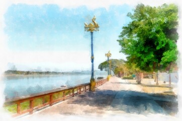 Mekong river landscape of Thailand watercolor style illustration impressionist painting.