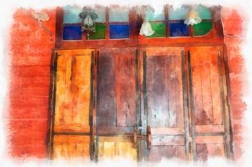 antique wooden door watercolor style illustration impressionist painting.