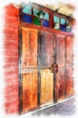 antique wooden door watercolor style illustration impressionist painting.