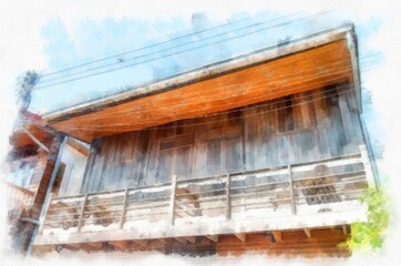 Ancient wooden houses in Thailand watercolor style illustration impressionist painting.