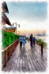 Mekong river landscape of Thailand watercolor style illustration impressionist painting.