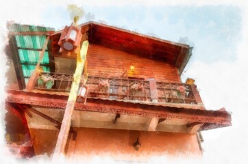 Ancient wooden houses in Thailand watercolor style illustration impressionist painting.