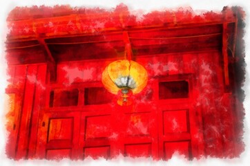 The landscape of the commercial district of a rural town along the Mekong River at night watercolor style illustration impressionist painting.