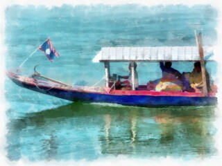 Landscape of boats sailing on the Mekong River in Thailand  watercolor style illustration impressionist painting.