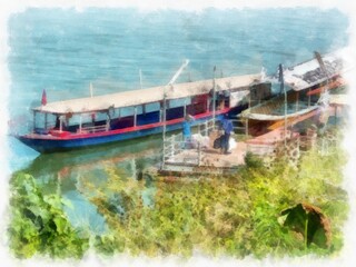 Fototapeta na wymiar Landscape of boats sailing on the Mekong River in Thailand watercolor style illustration impressionist painting.