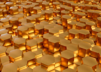 Geometric hexagons gold metal color, luxury abstract background with blur effect. Golden honeycomb texture. 3d rendering illustration