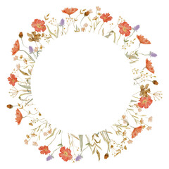 Watercolor abstract floral frame with wildflowers isolated on white background