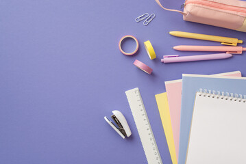 Back to school concept. Top view photo of colorful stationery copybooks pens pink pencil-case...