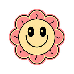 Groovy daisy smiley flowers print on 70s style on white background. Vector doodle illustration. Design for t shirt, card, flyer, banner