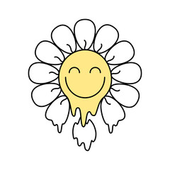 Groovy malting daisy smiley flower print on 70s style on white background. Vector doodle illustration. Design for t shirt, card, flyer, banner