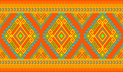 Yellow Green Symmetry Geometric Ethnic Seamless Pattern on Orange Background