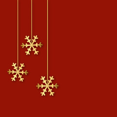 Christmas illustration with several hanging gold snowflakes on red background