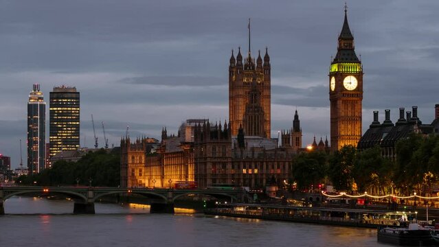 London, UK. Video time-lapse of cloudy sky over the city of London, UK. Westminster and Big Ben during the evening, panning video