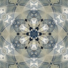 striped and circular pattern and hexagonal kaleidoscopic design in blue and beige