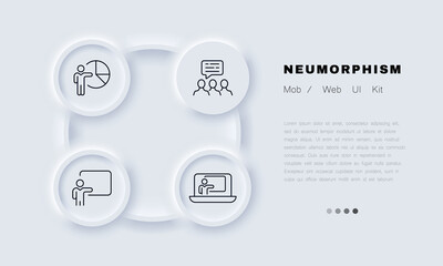 Presentation at work set icon. Speech bubble, communication, pie chart, screen, flipchart, employee, online conference. Business concept. Neomorphism. Vector line icon for Business and Advertising