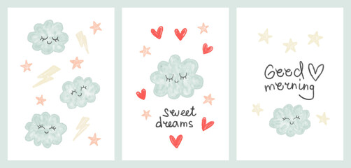 Fototapeta na wymiar Charming children's casual vector set in watercolor style. Cute painted clouds with hearts and inscriptions in soft colors for background, postcard, gift, wrapper, textiles, decor and interior