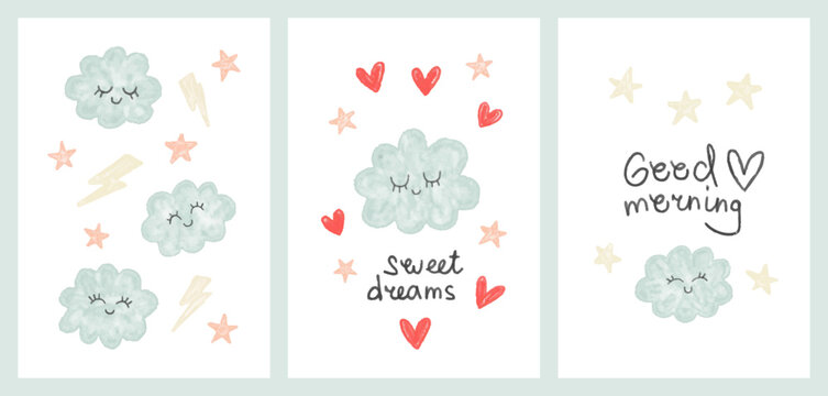 Charming children's casual vector set in watercolor style. Cute painted clouds with hearts and inscriptions in soft colors for background, postcard, gift, wrapper, textiles, decor and interior