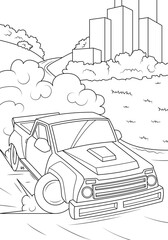 A pickup truck enters a turn on a country road. Funny coloring book for boys. Vector illustration