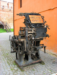 Vintage printing press in museum of Lubart Castle in Lutsk, Ukraine