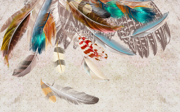 3d wallpaper many colorful bird feathers on a marble background © mohamed