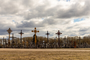 Obraz premium Crosses in ground - hill of crosses near Šiauliai, Lithuania in cloudy spring day. Wooden Catholic crosses at meadow. Religious Catholic pilgrimage place in Lithuania, Europe. 
