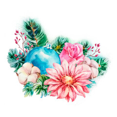 Bouquet of watercolor flowers of asters, roses, cotton, Christmas ball and fir branches