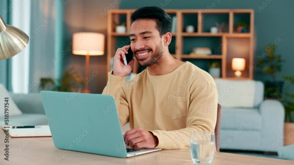 Aufkleber Freelancer and entrepreneur answering call to chat and network with clients and friends. Young guy consulting while planning online. Man talking on a phone while working remotely on a laptop at home
