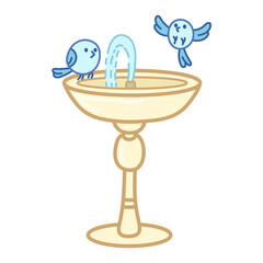 Garden stone fountain. Bird bath classic form. Cute illustration in cartoon style. Vector art on white background.