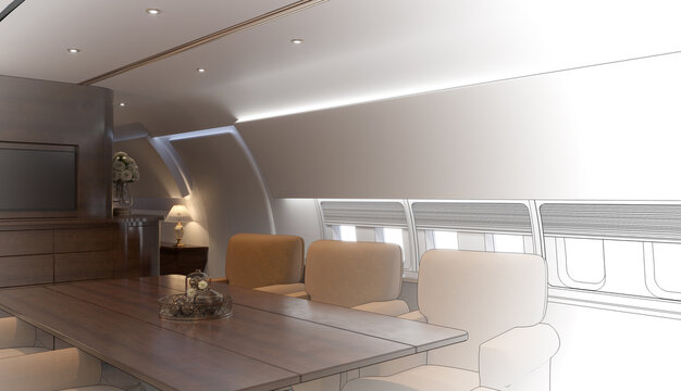 3d visualization of the VIP cabin of a business class aircraft, 3d render

