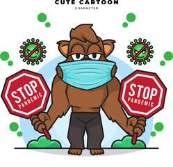 Cute cartoon character of bear is holding stop pandemic covid-19 sign
