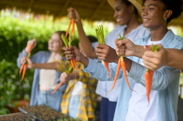 Group of mixed race students and teacher learning agriculture  technology in smart farming , education ecology agricultural concepts .