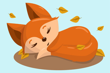 Cute sleeping fox cub in autumn foliage